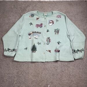 Artisans Designs Sweater Green Christmas Graphic Button Up Long Sleeve Top XXL